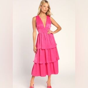 NWT Lulus Peak Party Vibe Hot Pink Satin Tiered Tie-Back Midi Dress Low Front